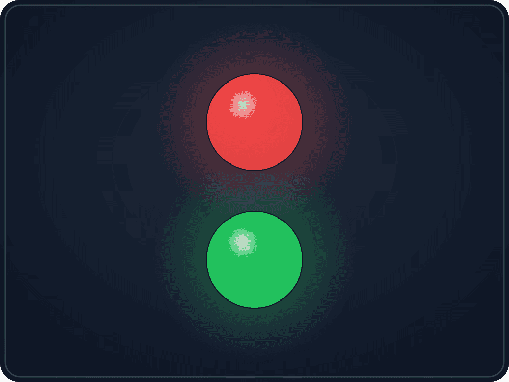 Two glowing signal lights stacked vertically on a dark lantern panel, the top light red and the bottom light green, each with a soft bloom of light around it