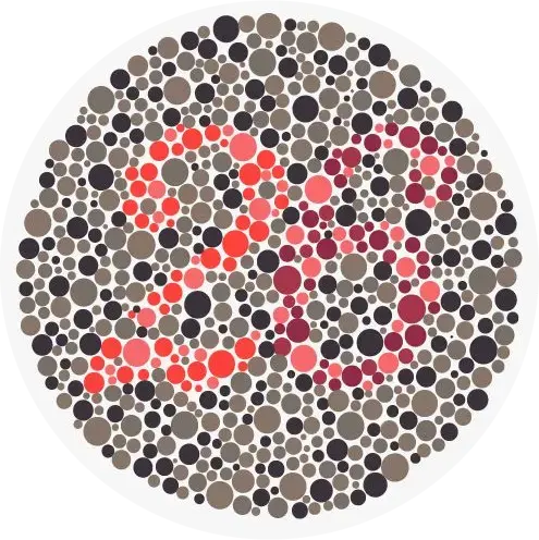 Ishihara plate 22 with colored dots forming numerals used for protan versus deutan classification